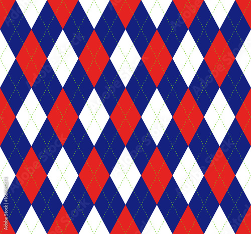 Seamless argyle plaid pattern in red, blue and white. Traditional diamond check texture for digital textile printing. 