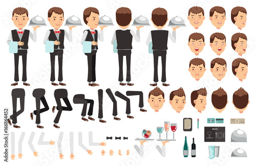 Waitress creation set. animated character. Icons with different types of faces and hair style, emotions, front, rear, side view of male person. Moving arms, legs.Vector Isolated on White background
