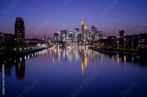 Frankfurt am Main city skyline during blue hour in Frankfurt, Germany