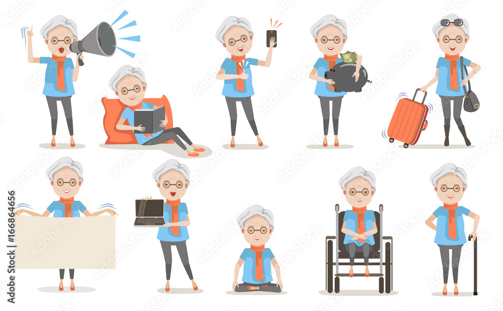  Elderly female poses And emotion in casual clothes in different . Speak  amplifier, Sleeping, read, Selfie, finger up, piggy bank,Travel luggage,holding signs,Computers,Yoga,Wheelchair,Walking stick