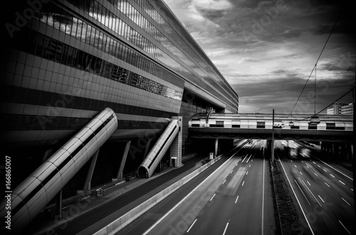 Frankfurt am Main, Germany - 29 July 2017 : Landmark of airport city Frankfurt, Frankfurt airport long distance train station.