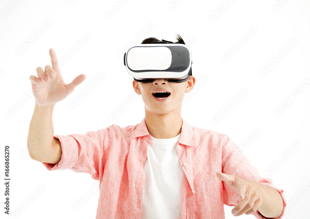 Excited young man with VR headset Excited young man with VR headset