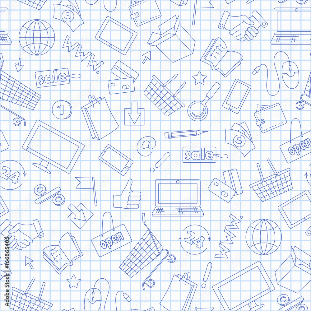 Seamless pattern on the theme of online shopping and Internet shops, blue  contour  icons on the clean writing-book sheet in a cage
