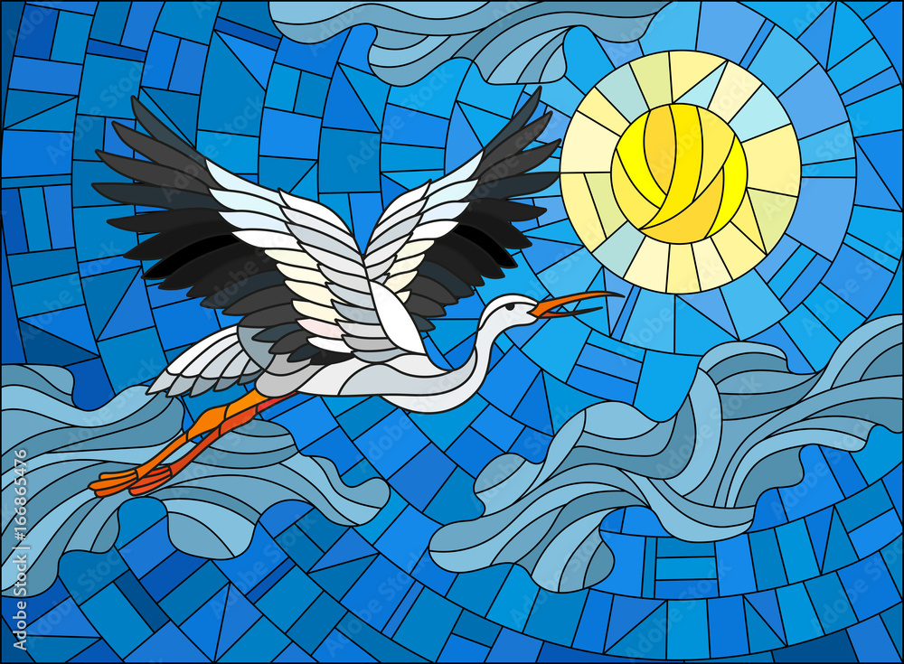 Naklejka premium Illustration in stained glass style stork on the background of sky, sun and clouds