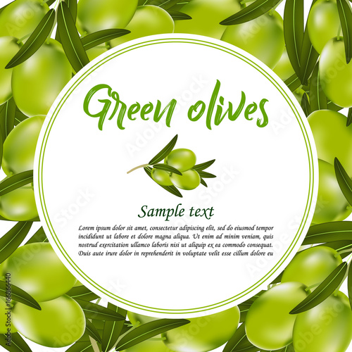 Label, sticker or background with realistic green olives. Vector 3d illustration