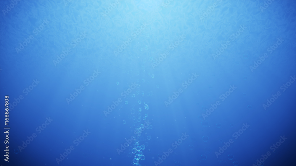 Obraz premium Blue ocean waves from underwater with bubbles. Light beam rays shining through.