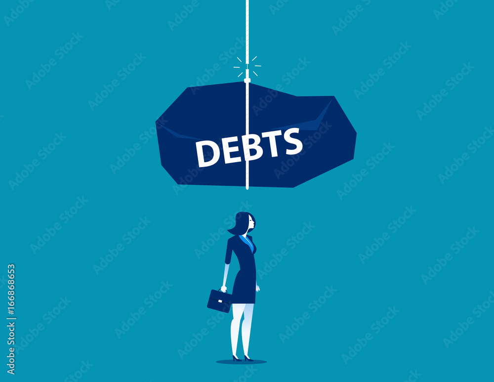 Pile of debts fall over the businesswoman. Concept business vector illustration. Pile of debts fall over the businesswoman. Concept business vector illustration.
