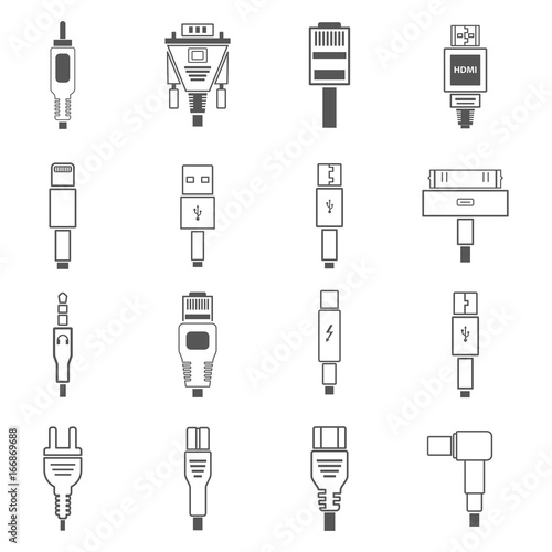Electric plug, connectors and jack flat line icons set. Collection Connection technology, connector electric power, mobile devices connect, wire and socket