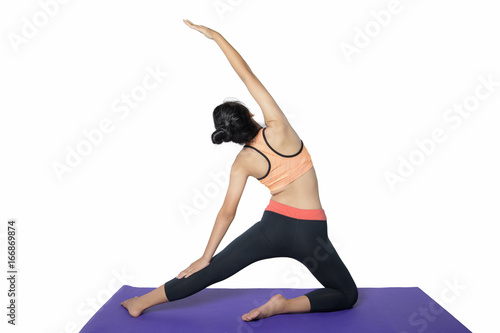 young woman practicing yoga white background image. Health care concept