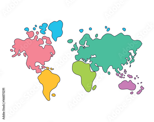 World map cartoon. Continents in different colors.
