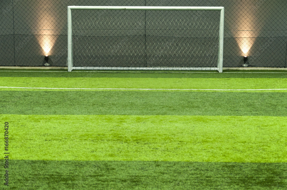 Green grass soccer or football field and goal post background