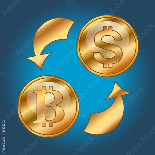 Gold coins bitcoin and dollar with arrows on a blue background.