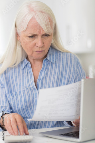 Worried Mature Woman With Laptop Calculating Household Finances