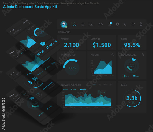 Flat design responsive Admin Dashboard UI mobile app with 3d mockups