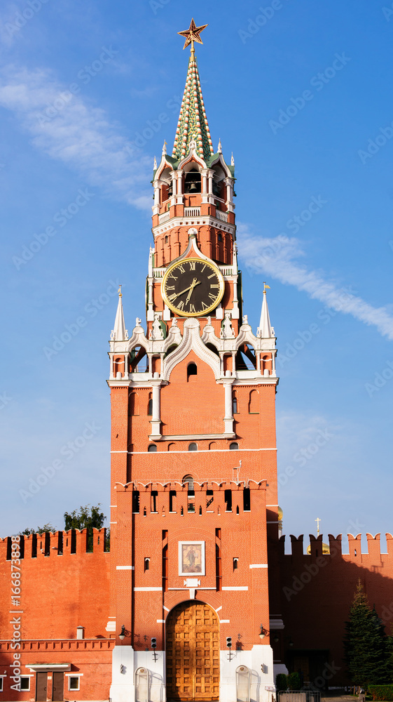 Spasskaya tower on Red Square in Moscow in the morning sun
