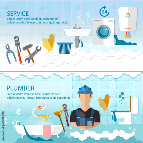 Professional plumber banner plumbing service different tools and accessories, pipe repair, elimination of leaks. Call plumber concept
