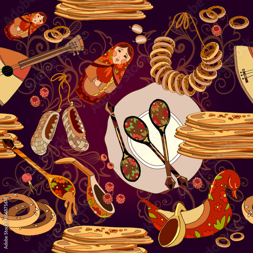 Russian cuisine seamless pattern, pancakes, balalaika. Russian culture and traditions seamless background