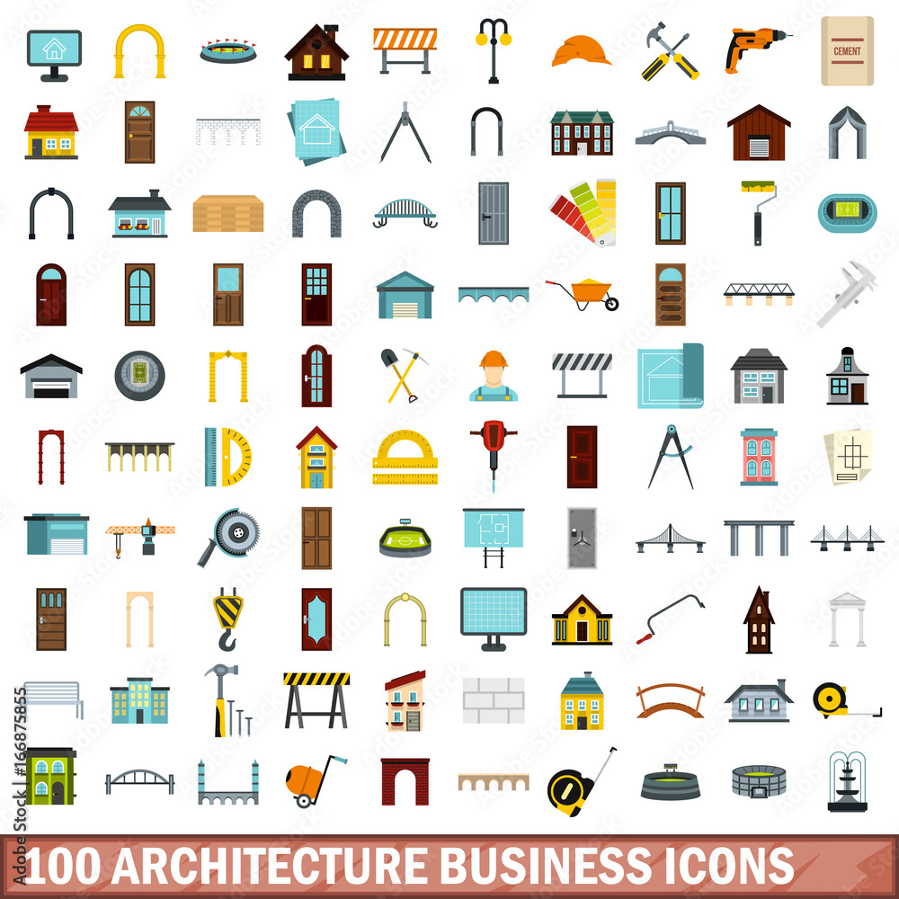 100 architecture business icons set, flat style