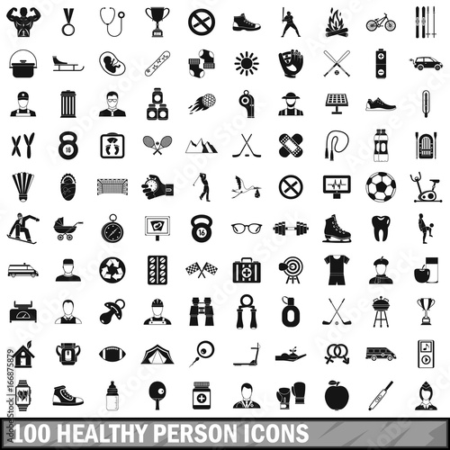 100 healthy person icons set, simple style 