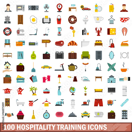 100 hospitality training icons set, flat style
