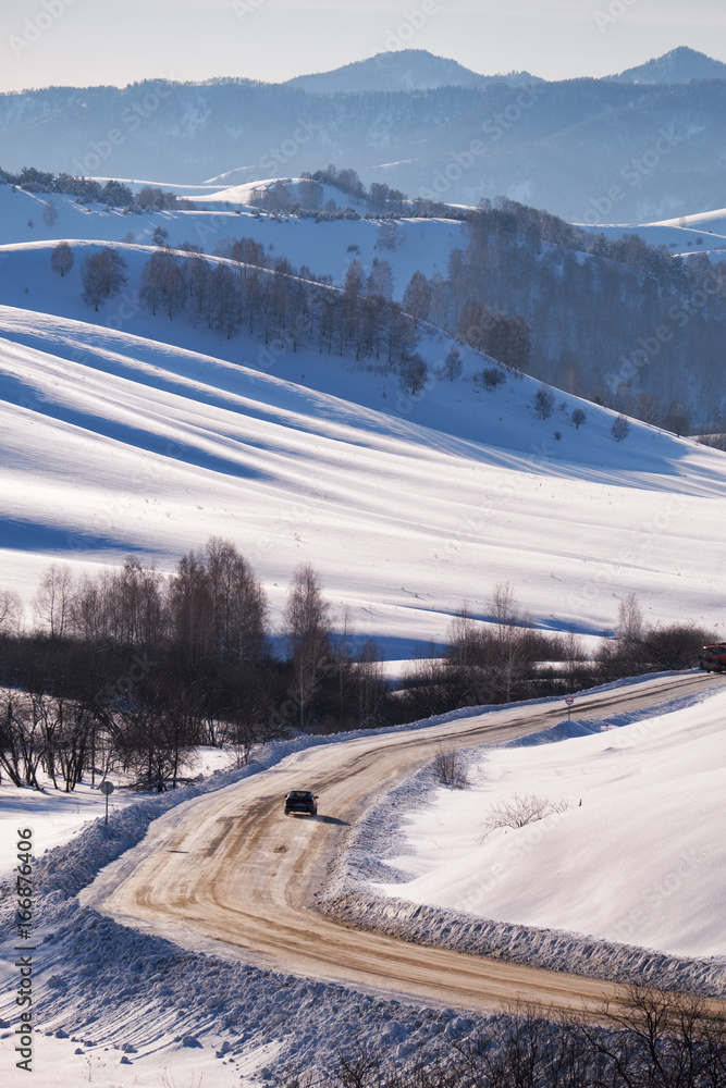 Winter road and trees under snow in Altai Winter road and trees under snow in Altai