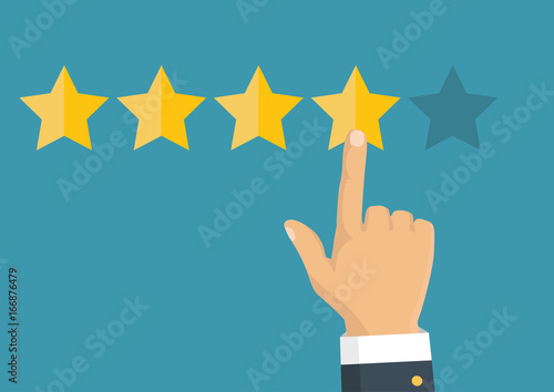 Rating golden stars. Feedback, reputation and quality concept. Hand pointing, finger pointing to five star rating. Customer review concept. Vector