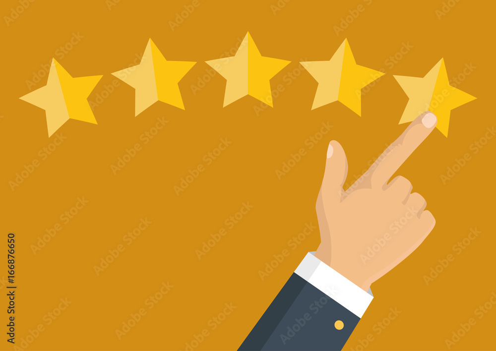 Rating golden stars. Feedback, reputation and quality concept. Hand pointing, finger pointing to five star rating. Customer review concept. Vector Rating golden stars. Feedback, reputation and quality concept. Hand pointing, finger pointing to five star rating. Customer review concept. Vector