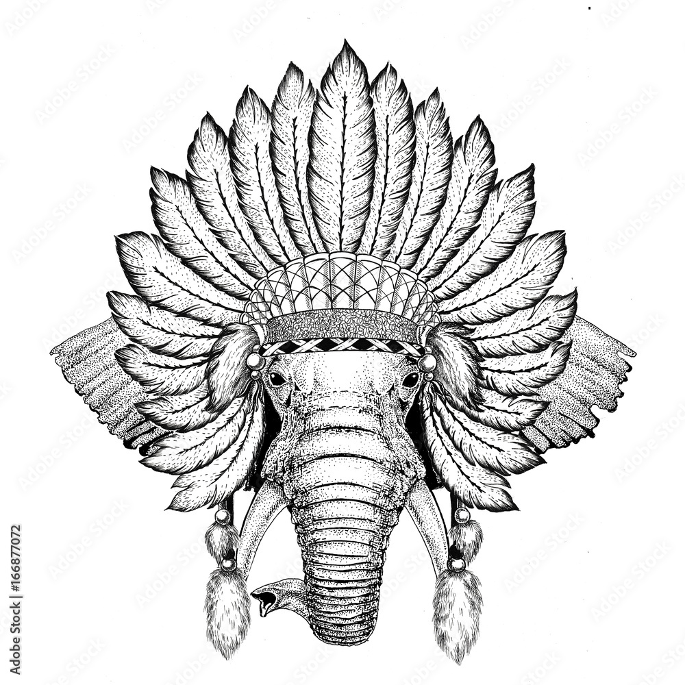 African or indian Elephant Wild animal wearing indiat hat with feathers Boho  style vintage engraving illustration Image for tattoo, logo, badge, emblem,  poster Stock Illustration | Adobe Stock