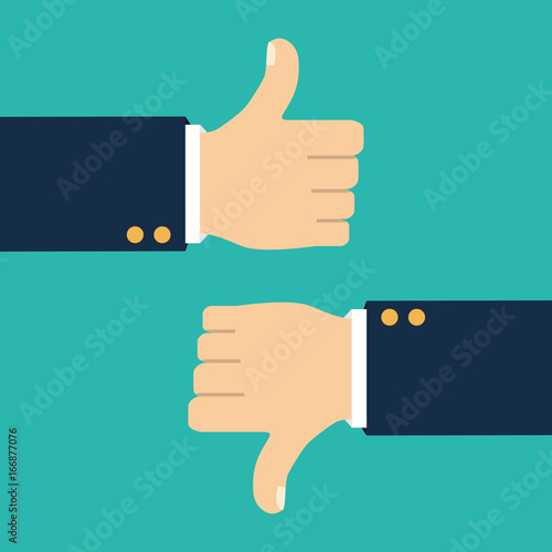 Vector illustration. Thumb up and Thumb down symbol, icon. Isolated on a background. Like, dislike symbol.