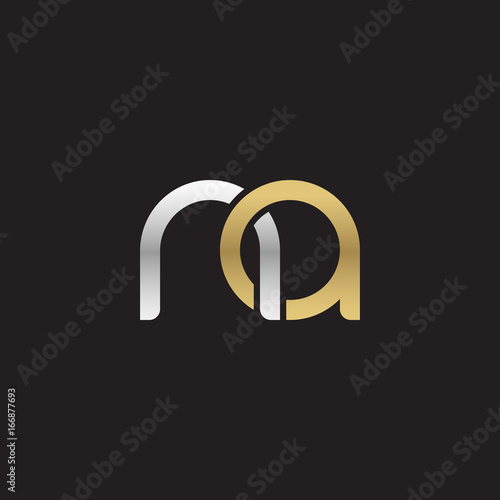 Initial lowercase letter na, linked overlapping circle chain shape logo, silver gold colors on black background