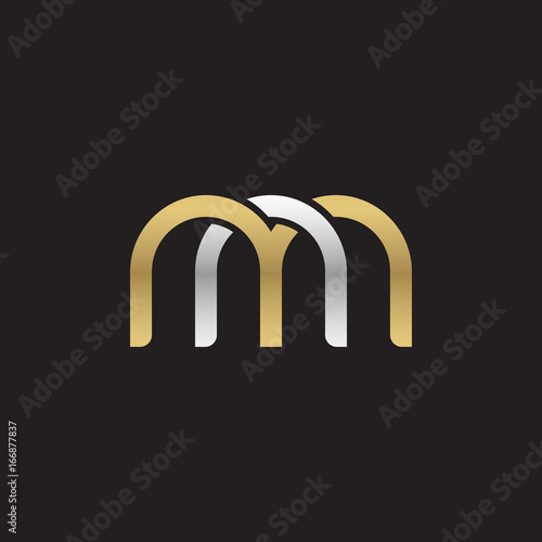 Initial lowercase letter nm, mn, linked overlapping circle chain shape logo, silver gold colors on black background