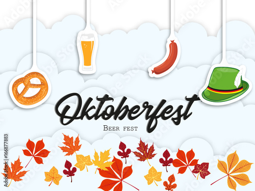 Design invitations to the beer festival Oktoberfest annually held in autumn in Germany. The main symbols of Oktoberfest against the background of lettering and clouds of beer foam.