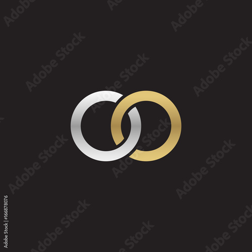 Initial lowercase letter oo, linked overlapping circle chain shape logo, silver gold colors on black background
 
