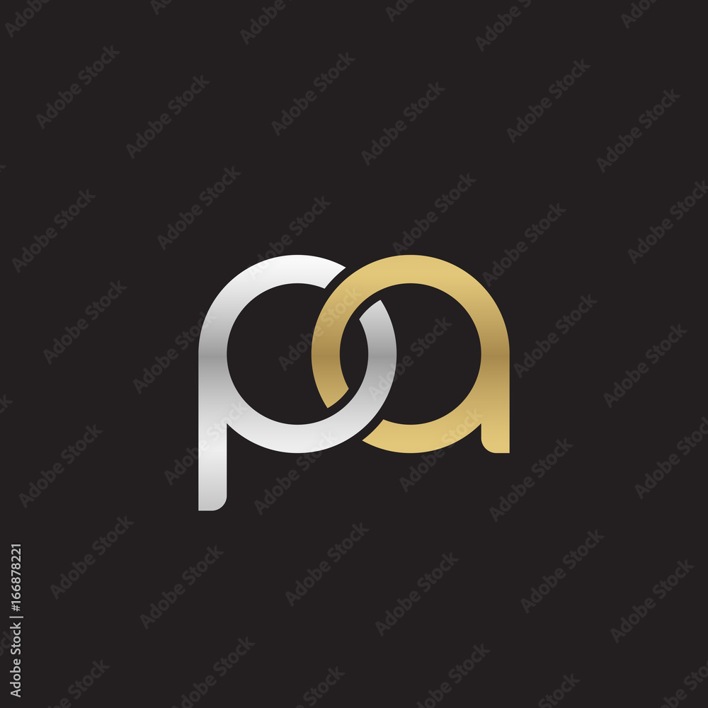 Initial lowercase letter pa, linked overlapping circle chain shape logo, silver gold colors on black background
Initial lowercase letter pa, linked overlapping circle chain shape logo, silver gold colors on black background