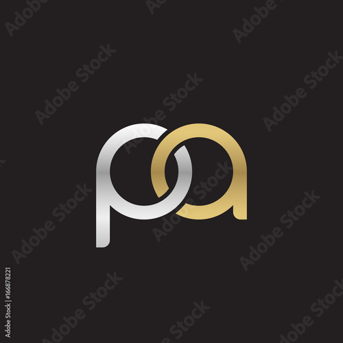 Initial lowercase letter pa, linked overlapping circle chain shape logo, silver gold colors on black background
 
