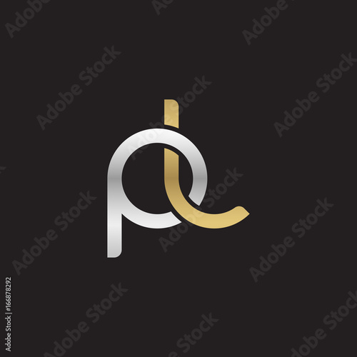 Initial lowercase letter pl, linked overlapping circle chain shape logo, silver gold colors on black background
 

