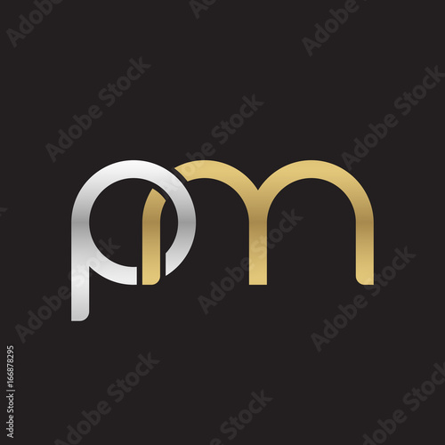 Initial lowercase letter pm, linked overlapping circle chain shape logo, silver gold colors on black background