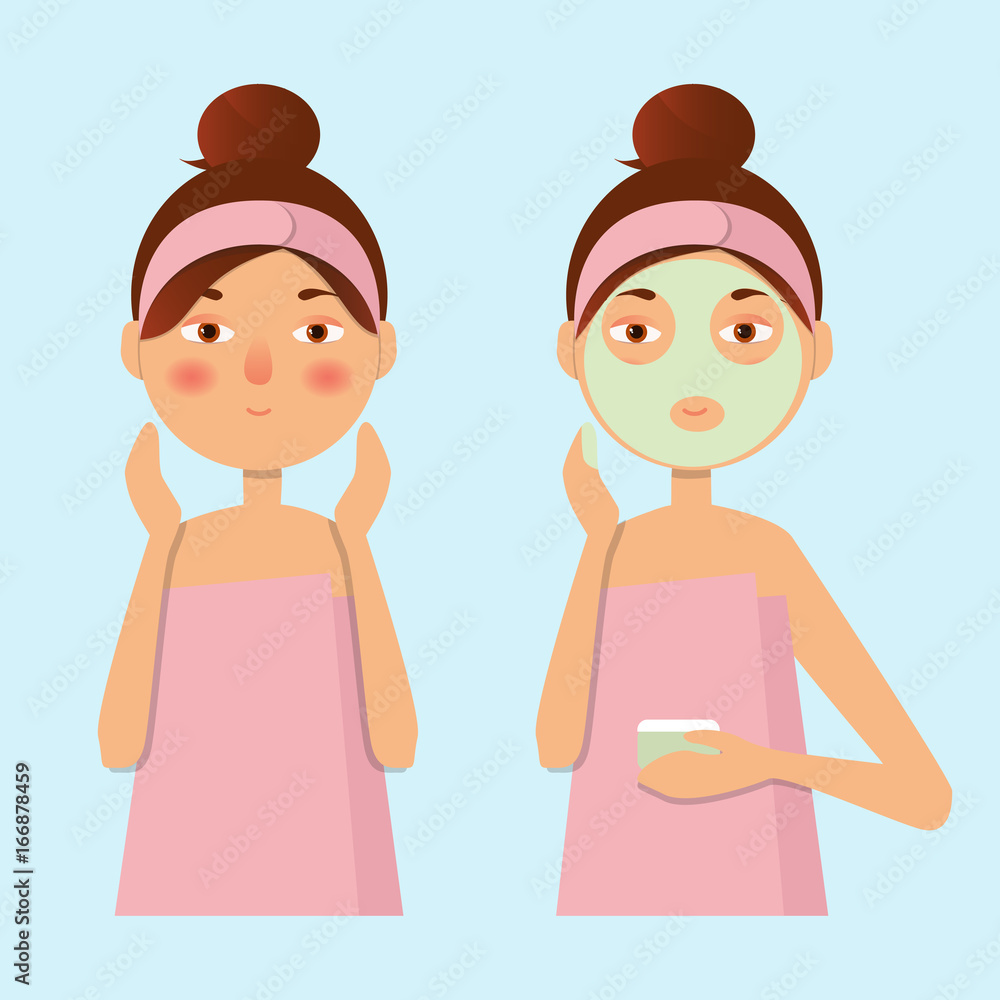 Beautiful girl inflicts a mask of clay or cream on the face. Beauty, body care concept. Vector illustration