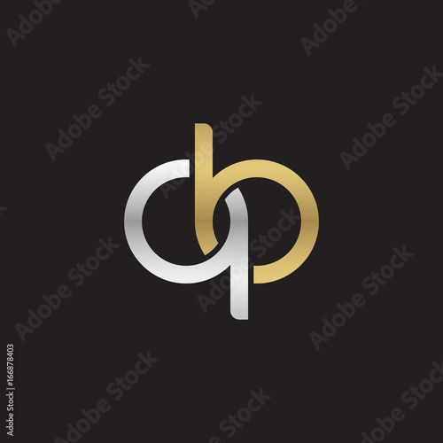 Initial lowercase letter qb, linked overlapping circle chain shape logo, silver gold colors on black background