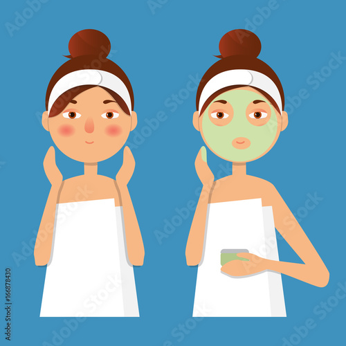 Beautiful girl inflicts a mask of clay or cream on the face. Beauty, body care concept. Vector illustration