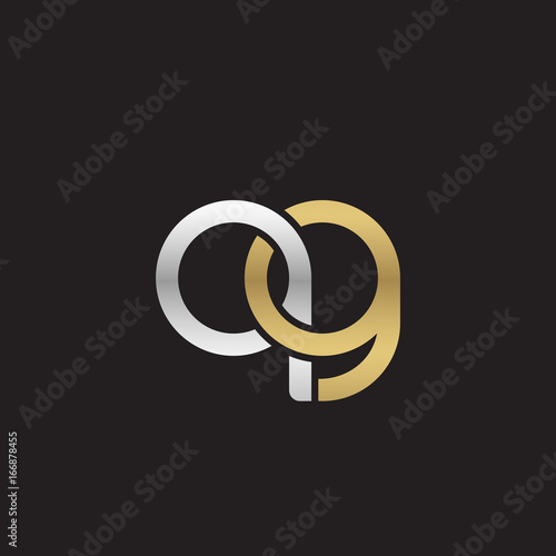 Initial lowercase letter qg, linked overlapping circle chain shape logo, silver gold colors on black background