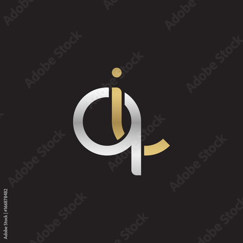 Initial lowercase letter qi, linked overlapping circle chain shape logo, silver gold colors on black background