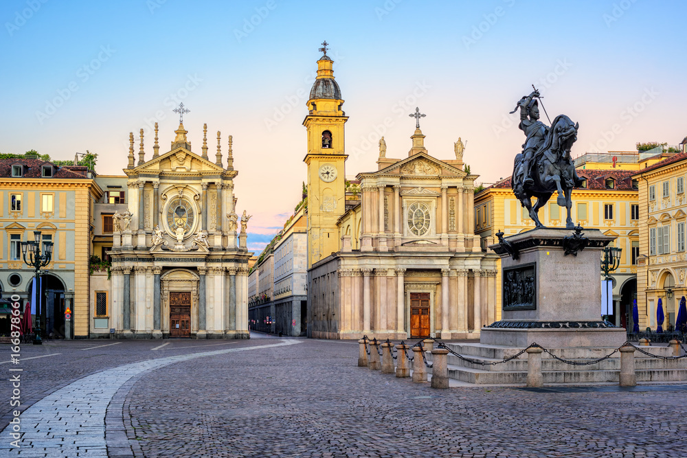 Piazza San Carlo and twin churches in the city center of Turin, Italy
