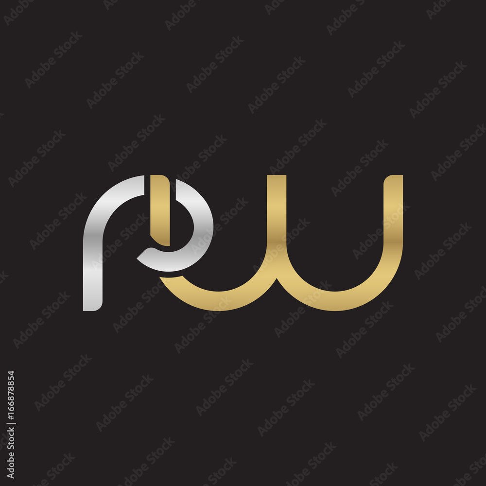 Initial lowercase letter rw, linked overlapping circle chain shape logo, silver gold colors on black background Initial lowercase letter rw, linked overlapping circle chain shape logo, silver gold colors on black background