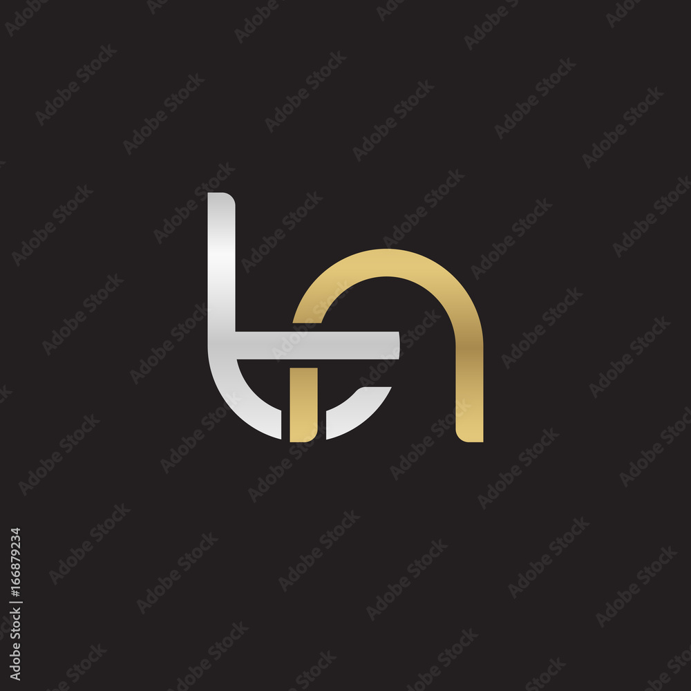 Initial lowercase letter tn, linked overlapping circle chain shape logo, silver gold colors on black background Initial lowercase letter tn, linked overlapping circle chain shape logo, silver gold colors on black background