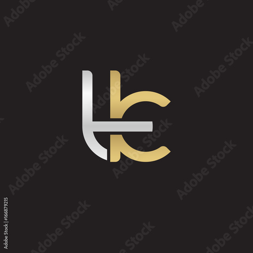 Initial lowercase letter tk, linked overlapping circle chain shape logo, silver gold colors on black background