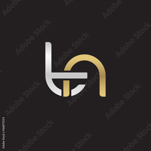 Initial lowercase letter tn, linked overlapping circle chain shape logo, silver gold colors on black background