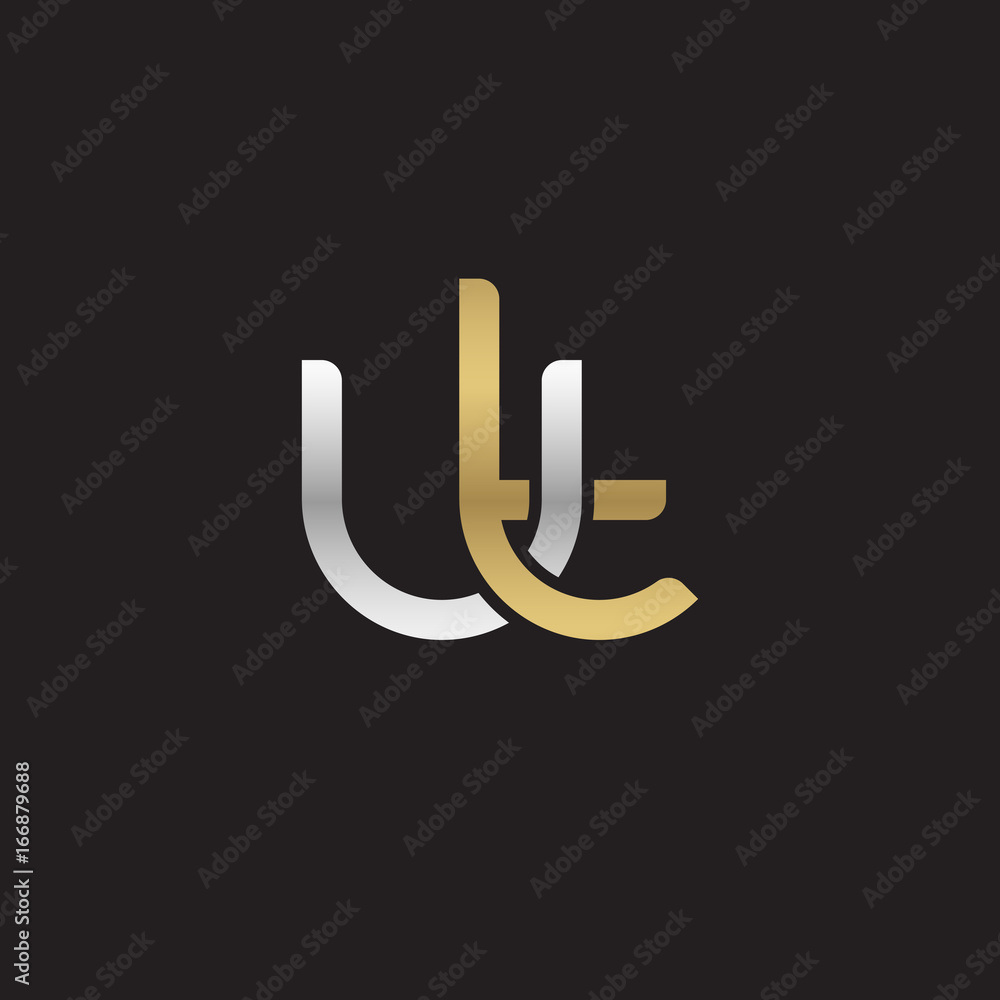 Initial lowercase letter ut, linked overlapping circle chain shape logo, silver gold colors on black background