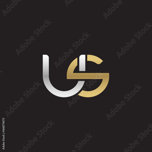 Initial lowercase letter us, linked overlapping circle chain shape logo, silver gold colors on black background