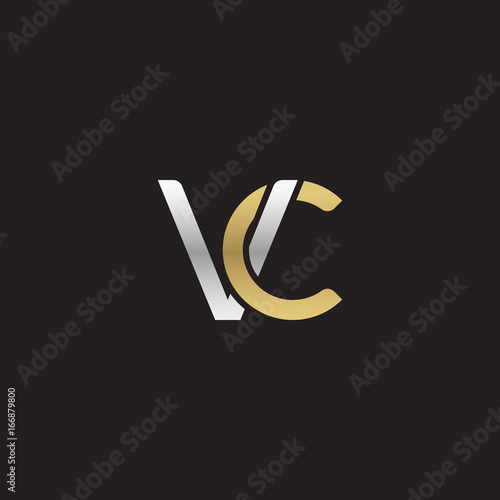 Initial lowercase letter vc, linked overlapping circle chain shape logo, silver gold colors on black background